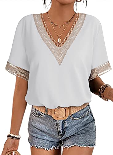 Dokotoo T Shirt Damen V Ausschnitt Sommer Kurzarm Oberteile Spitzen Aushöhlen Bluse Locker Casual Pullover Tshirt Oversize Tops Weiß L von Dokotoo