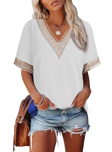 Dokotoo Bluse Damen Elegant Spitzen Oberteile Sommer Blusen Tuniken V-Ausschnitt Kurzarm Aushöhlen Spitzenbluse Locker Lässig Pullover Tops Hemdbluse Elegante Oberteil T-Shirts Weiß XL von Dokotoo