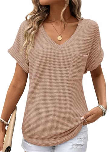 Dokotoo T-Shirts Damen Sommer Oberteile Kurzarm Waffel Strick Tops V-Ausschnitt Kurze Ärmel Pullover Bluse Oberteil Locker Lässig Basic Einfarbig Tunika Blusen T-Shirt Beige L von Dokotoo