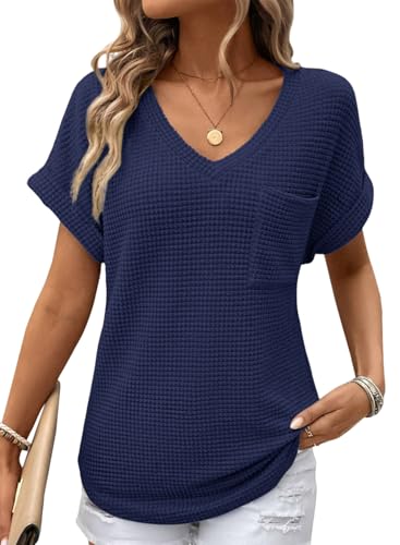 Dokotoo T-Shirts Damen Sommer Oberteile Kurzarm Waffel Strick Tops V-Ausschnitt Kurze Ärmel Pullover Bluse Oberteil Locker Lässig Basic Einfarbig Tunika Blusen T-Shirt Blau 2XL von Dokotoo
