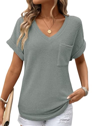 Dokotoo T-Shirts Damen Sommer Oberteile Kurzarm Waffel Strick Tops V-Ausschnitt Kurze Ärmel Pullover Bluse Oberteil Locker Lässig Basic Einfarbig Tunika Blusen T-Shirt Grün XL von Dokotoo