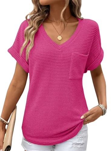 Dokotoo T-Shirts Damen Sommer Oberteile Kurzarm Waffel Strick Tops V-Ausschnitt Kurze Ärmel Pullover Bluse Oberteil Locker Lässig Basic Einfarbig Tunika Blusen T-Shirt Rot XL von Dokotoo