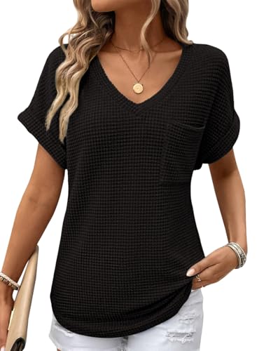 Dokotoo T-Shirts Damen Sommer Oberteile Kurzarm Waffel Strick Tops V-Ausschnitt Kurze Ärmel Pullover Bluse Oberteil Locker Lässig Basic Einfarbig Tunika Blusen T-Shirt Schwarz 2XL von Dokotoo
