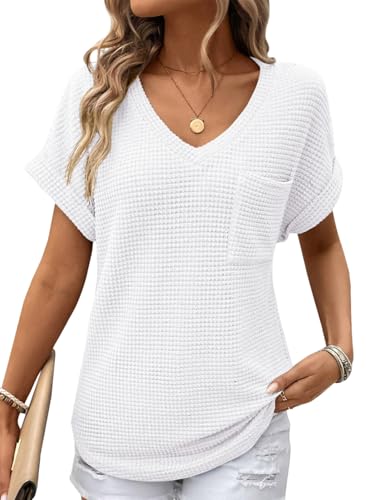 Dokotoo T-Shirts Damen Sommer Oberteile Kurzarm Waffel Strick Tops V-Ausschnitt Kurze Ärmel Pullover Bluse Oberteil Locker Lässig Basic Einfarbig Tunika Blusen T-Shirt Weiß 2XL von Dokotoo