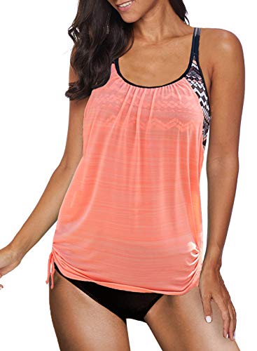 Dokotoo Tankini Damen Bauchweg Bademode Set Zweiteiliger Badeanzug Push up Gepolstert Tankinis Oberteil mit Slip, rosa, L von Dokotoo