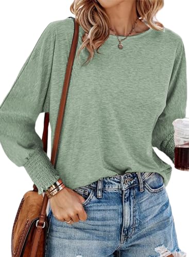 Dokotoo Tshirt Damen Basic Rundhals Langarm Oberteile Frühling Sommer Casual Lose Langarmshirt Shirts Blusen, grün, M von Dokotoo