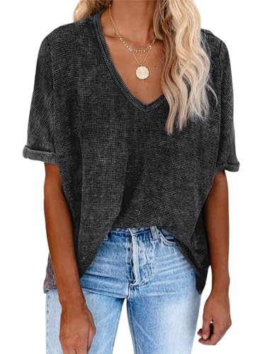 Dokotoo Tshirt Damen Oversize Sommer Kurzarm V Ausschnitt T Shirt Oberteile Baumwolle Locker Casual Bluse Waffel Pullover Tops Grau S von Dokotoo