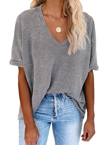 Dokotoo Tshirt Damen Oversize Sommer Kurzarm V Ausschnitt T Shirt Oberteile Baumwolle Locker Casual Bluse Waffel Pullover Tops Grau XL von Dokotoo