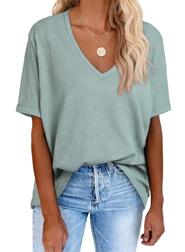 Dokotoo Tshirt Damen Oversize Sommer Kurzarm V Ausschnitt T Shirt Oberteile Baumwolle Locker Casual Bluse Waffel Pullover Tops Grün L von Dokotoo