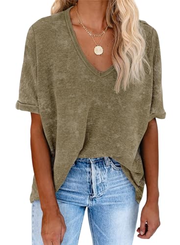 Dokotoo Tshirt Damen Oversize Sommer Kurzarm V Ausschnitt T Shirt Oberteile Baumwolle Locker Casual Bluse Waffel Pullover Tops Khaki 2XL von Dokotoo