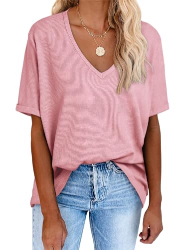 Dokotoo Tshirt Damen Oversize Sommer Kurzarm V Ausschnitt T Shirt Oberteile Baumwolle Locker Casual Bluse Waffel Pullover Tops Rosa 2XL von Dokotoo