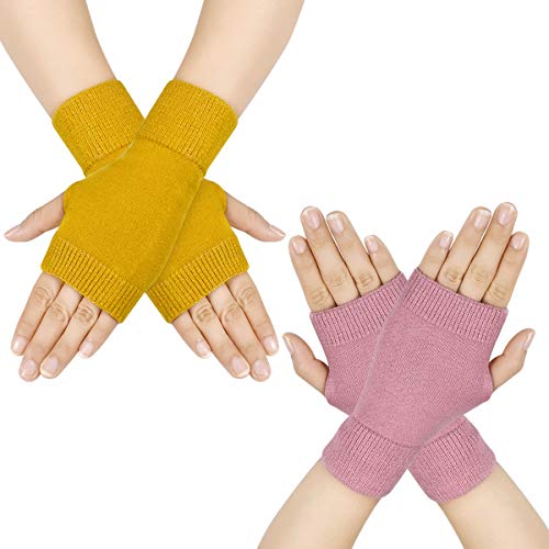 Dokpav Winter Fingerlose Fäustlinge Damen Wolle Warm Fingerhandschuhe Halb Strick Handschuhe (Gelb + Rosa) von Dokpav