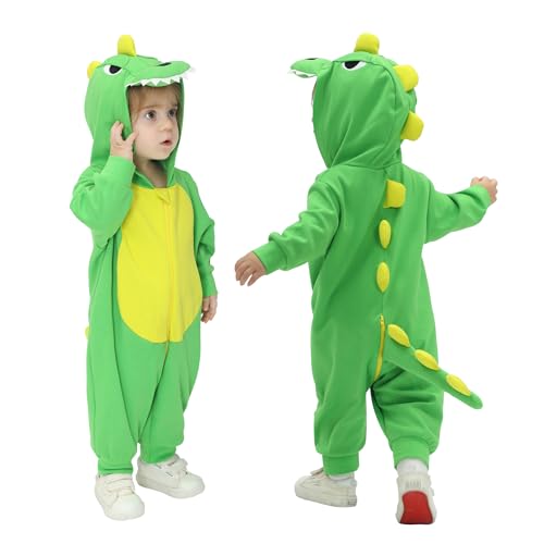 Doladola Baby Strampler mit Kapuze, Baumwoll overalls tier für Jungen oder Mädchen, Kinder Langarm kostüm für Geschenk(12-18 Monate,Grüner Dinosaurier) von Doladola
