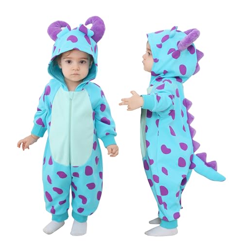 Doladola Baby Strampler mit Kapuze, Baumwoll overalls tier für Jungen oder Mädchen, Kinder Langarm kostüm für Geschenk(18-24 Monate,Blaues Monster) von Doladola