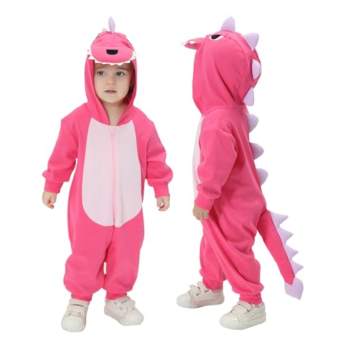 Doladola Baby Strampler mit Kapuze, Baumwoll overalls tier für Jungen oder Mädchen, Kinder Langarm kostüm für Geschenk(6-12 Monate,Rosa Dinosaurier) von Doladola