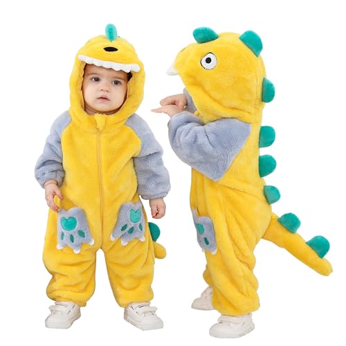 Doladola Babyspielanzug Tier overall Spielanzug Schlafanzug Flanell Frühling Strampler Pyjama Bekleidung Karikatur Tier Jumpsuit für Baby mädchen und Junge(Gelber Dinosaurier,Alter 6-12 Monate) von Doladola