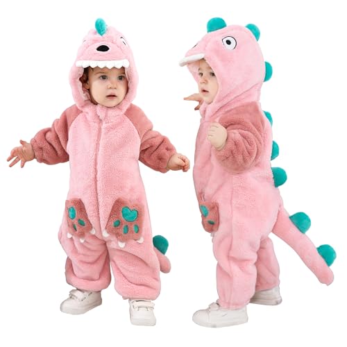 Doladola Babyspielanzug Tier overall Spielanzug Schlafanzug Flanell Frühling Strampler Pyjama Bekleidung Karikatur Tier Jumpsuit für Baby mädchen und Junge(Rosa Dinosaurier,Alter 12-18 Monate) von Doladola