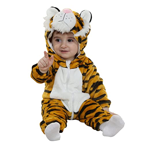 Doladola Babys mit Kapuze Flanell Frühling Strampler Pyjama Bekleidung Karikatur Tier Jumpsuit für mädchen und Junge(0-3 Monate,Tiger) von Doladola