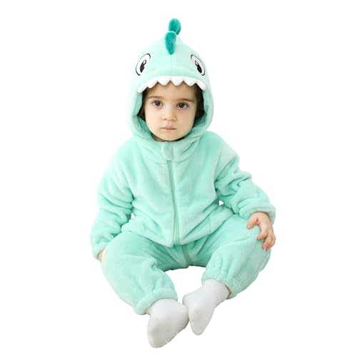 Doladola Babys mit Kapuze Flanell Frühling Strampler Pyjama Bekleidung Karikatur Tier Jumpsuit für mädchen und Junge(18-24 Monate,Grün Hai) von Doladola
