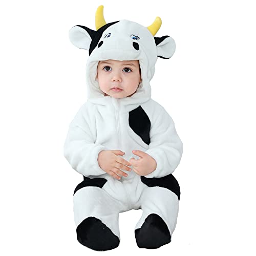 Doladola Babys mit Kapuze Flanell Frühling Strampler Pyjama Bekleidung Karikatur Tier Jumpsuit für mädchen und Junge(24-30 Monate,Schwarzweiß-Rinder) von Doladola