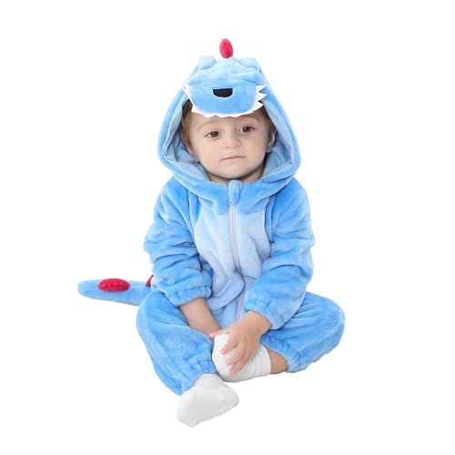 Doladola Babys mit Kapuze Flanell Frühling Strampler Pyjama Bekleidung Karikatur Tier Jumpsuit für mädchen und Junge(3-6 Monate,Dinosaurio azul) von Doladola