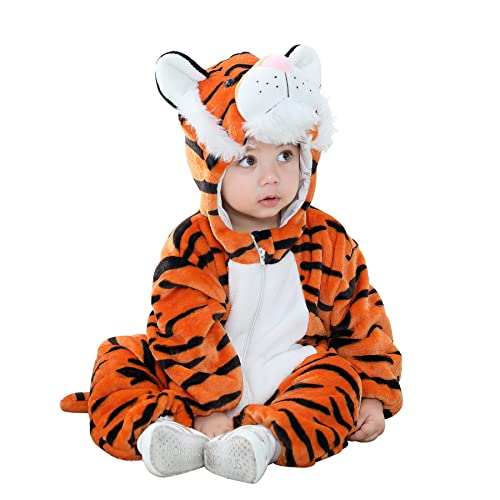 Doladola Babys mit Kapuze Flanell Frühling Strampler Pyjama Bekleidung Karikatur Tier Jumpsuit für mädchen und Junge(3-6 Monate,Orange Tiger) von Doladola