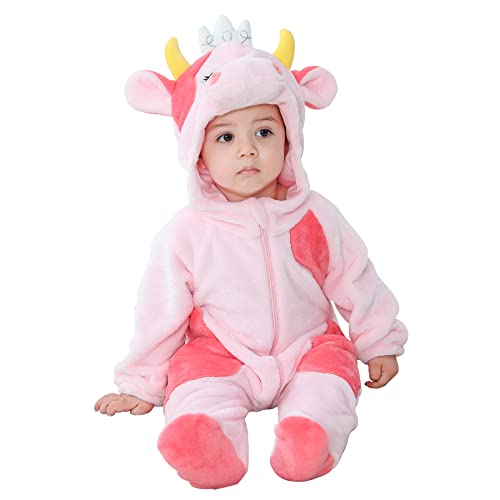 Doladola Babys mit Kapuze Flanell Frühling Strampler Pyjama Bekleidung Karikatur Tier Jumpsuit für mädchen und Junge(3-6 Monate,rosa Kuh) von Doladola