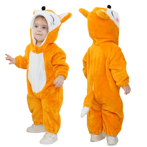 Doladola Babyspielanzug Tier overall Spielanzug Schlafanzug Flanell Frühling Strampler Pyjama Bekleidung Karikatur Tier Jumpsuit für Baby mädchen und Junge (OrangenFuchs,6-12 Monate) von Doladola