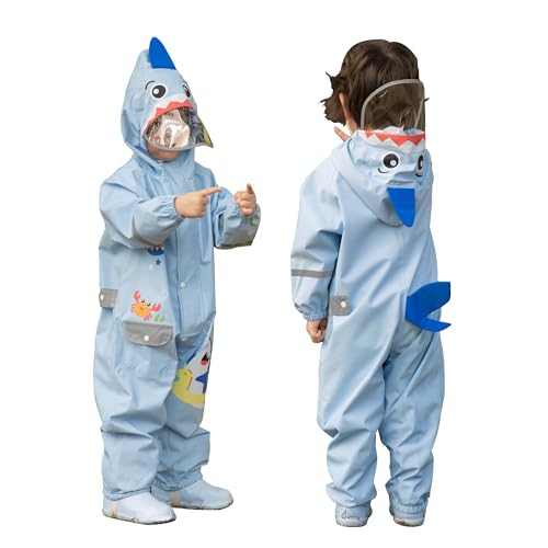 Doladola Kinder Wasserdichter Regenanzug Jungen Mädchen Onesie Regenbekleidung Niedlicher Einteiliger Regenmäntel Regenponcho(Hai,90-100cm,M) von Doladola