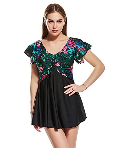 Dolamen Damen Badeanzug Bauchweg, 2018 Neu Zwei Stück Blumendruck Badebekleidung Badekleid mit Shorts, Eingebauter Cup Spa Strandkleid Baden Swimwear Bademode Tankini (EU40, Schwarz) von Dolamen