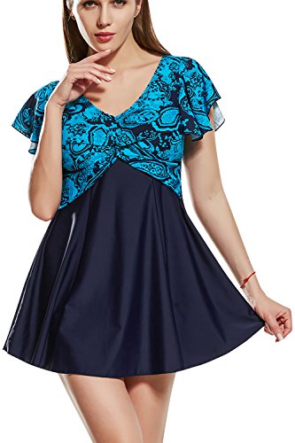 Dolamen Damen Badeanzug Bauchweg, 2018 Neu Zwei Stück Blumendruck Badebekleidung Badekleid mit Shorts, Eingebauter Cup Spa Strandkleid Baden Swimwear Bademode Tankini (EU44, Blau) von Dolamen