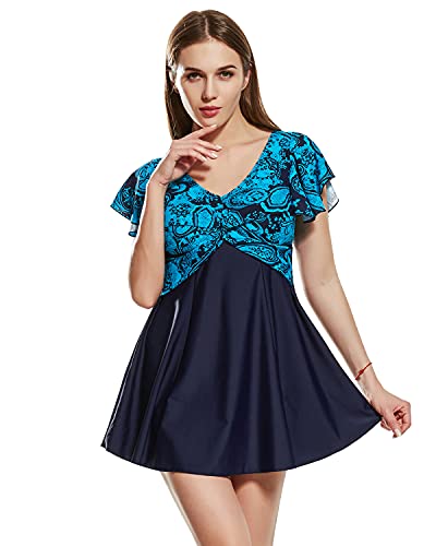 Dolamen Damen Badeanzug Bauchweg, 2018 Neu Zwei Stück Blumendruck Badebekleidung Badekleid mit Shorts, Eingebauter Cup Spa Strandkleid Baden Swimwear Bademode Tankini (EU50, Blau) von Dolamen