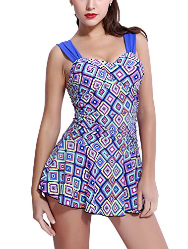 Dolamen Damen Badeanzug Bauchweg Badebekleidung Badekleid Mit Rock, Eingebauter Cup Blumen Spa Badeanzug Strandkleid Baden Swimwear Bademode (EU 36, Blau) von Dolamen