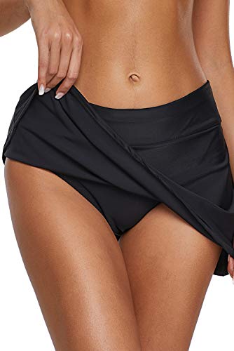 Dolamen Damen Badeshorts Bikinihose Rock Shorts Trunks Badeanzug Bauchweg Badekleid mit Mit Mit Integrierter Hose Mehrfarbig Mini Bikini Takini Baderock Beachwear (Large, Schwarz) von Dolamen