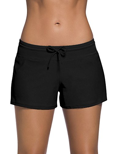 Dolamen Damen Badeshorts Bikinihose Shorts Trunks Badeanzug Bauchweg Badekleid mit verstellbarem Tunnelzug Mini Bikini Slip Beachwear, Boyleg Stil (Large, Schwarz) von Dolamen