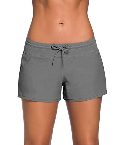 Dolamen Damen Badeshorts Bikinihose Shorts Trunks Badeanzug Bauchweg Badekleid mit verstellbarem Tunnelzug Mini Bikini Slip Beachwear, Boyleg Stil (Medium, Grau) von Dolamen