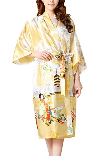 Dolamen Damen Morgenmantel Kimono, Glatte Satin Nachtwäsche Bademantel Robe mit Geisha und Blume Kimono Negligee Seidenrobe locker Schlafanzug, Langer Stil & 2017 (Medium, Gold) von Dolamen