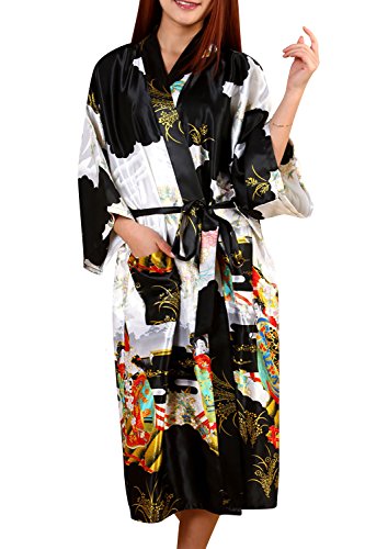 Dolamen Damen Morgenmantel Kimono, Glatte Satin Nachtwäsche Bademantel Robe mit Geisha und Blume Kimono Negligee Seidenrobe locker Schlafanzug, Langer Stil & 2017 (Medium, Schwarz) von Dolamen