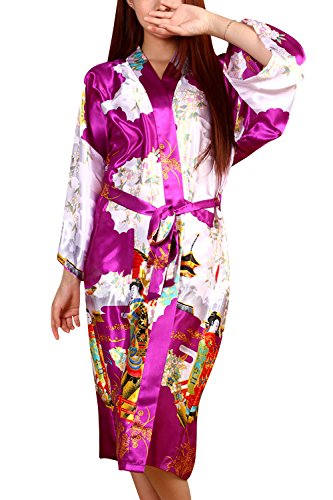 Dolamen Damen Morgenmantel Kimono, Glatte Satin Nachtwäsche Bademantel Robe mit Geisha und Blume Kimono Negligee Seidenrobe locker Schlafanzug, Langer Stil & 2017 (XX-Large, Lila) von Dolamen