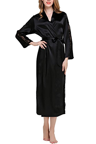 Dolamen Damen Morgenmantel Kimono Lange, Luxuriös Spitze Glatte Satin Nachtwäsche Bademantel Robe Kimono Negligee Seidenrobe locker Schlafanzug, Büste 108cm, 45.52 Zoll (Schwarz) von Dolamen