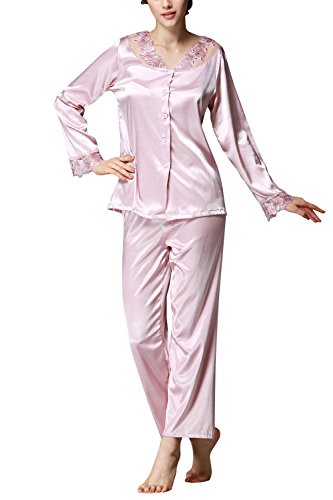 Dolamen Damen Schlafanzug, Lang Ladies Pyjamas, Luxus & Weich Satin Schlafanzug, Spitze Blumenstickerei Nachtwäsche Nachtkleid Lingerie Pyjamas, Lange Ärmel & Lange Hose (Large, Rosa) von Dolamen