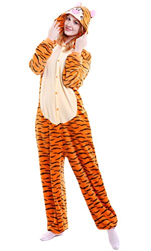 Dolamen Erwachsene Unisex Jumpsuits, Kostüm Tier Onesie Nachthemd Schlafanzug Kapuzenpullover Nachtwäsche Cosplay Kigurum Fastnachtskostuem Xmas Halloween (Large (65"-68.8"), Tigger) von Dolamen