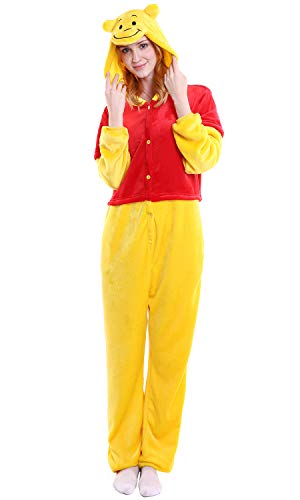 Dolamen Erwachsene Unisex Jumpsuits, Kostüm Tier Onesie Nachthemd Schlafanzug Kapuzenpullover Nachtwäsche Cosplay Kigurum Fastnachtskostuem Xmas Halloween (Large (65"-68.8"), Winnie) von Dolamen