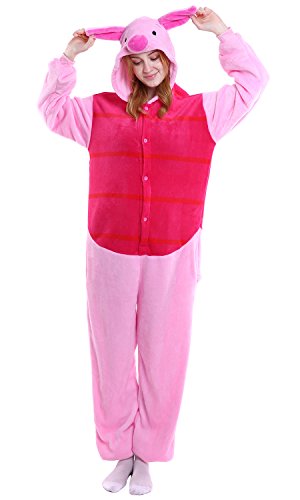 Dolamen Erwachsene Unisex Jumpsuits, Kostüm Tier Onesie Nachthemd Schlafanzug Kapuzenpullover Nachtwäsche Cosplay Kigurum Fastnachtskostuem Xmas Halloween (Medium (61"-65"), Piglet) von Dolamen