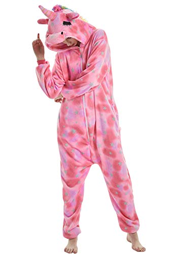 Dolamen Erwachsene Unisex Jumpsuits, Kostüm Tier Onesie Nachthemd Schlafanzug Kapuzenpullover Nachtwäsche Cosplay Kigurum Fastnachtskostuem Xmas Halloween (Medium (61"-65"), Pinkstar) von Dolamen