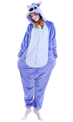 Dolamen Erwachsene Unisex Jumpsuits, Kostüm Tier Onesie Nachthemd Schlafanzug Kapuzenpullover Nachtwäsche Cosplay Kigurum Fastnachtskostuem Xmas Halloween (Medium (61"-65"), Stitch) von Dolamen