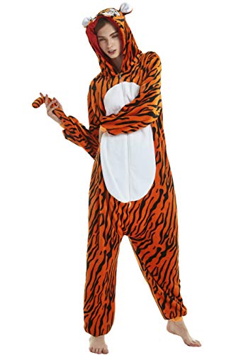 Dolamen Erwachsene Unisex Jumpsuits, Kostüm Tier Onesie Nachthemd Schlafanzug Kapuzenpullover Nachtwäsche Cosplay Kigurum Fastnachtskostuem Xmas Halloween (X-Large (68,8"-72,8"), Bigtiger) von Dolamen