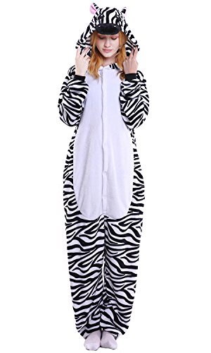 Dolamen Erwachsene Unisex Jumpsuits, Kostüm Tier Onesie Pyjama Nachthemd Schlafanzug Kapuzenpullover Nachtwäsche Cosplay Kigurum Fastnachtskostuem Xmas Halloween (Medium (61 "-65"), Zebra) von Dolamen