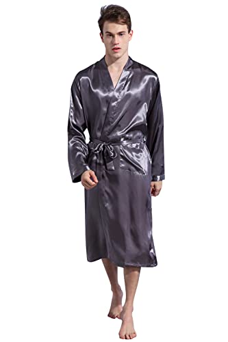 Dolamen Herren Morgenmantel Bademäntel Kimono, Weich u. Leicht Glatte Luxus Satin Nachtwäsche Bademantel Robe Negligee locker Schlafanzug mit Belt & Pockets (Small, Grau) von Dolamen