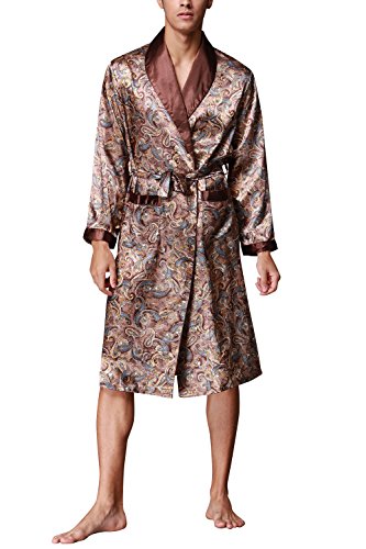 Dolamen Herren Morgenmantel Bademäntel Kimono, Weich u. Leicht Glatte Luxus Satin Nachtwäsche Bademantel Robe Negligee locker Schlafanzug mit Belt & Pockets (XX-Large, Braun) von Dolamen